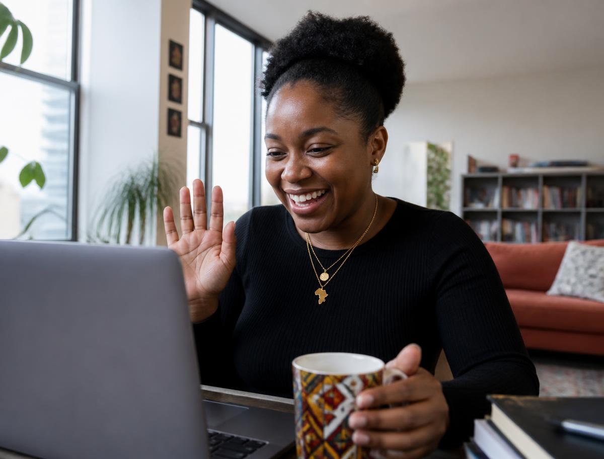 Nigerian woman abroad on a video call with family in Nigeria